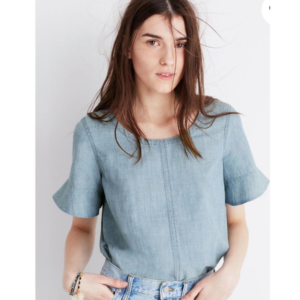 NWT Madewell Chambray Tie Back Bow Top Bell Short Sleeve Top